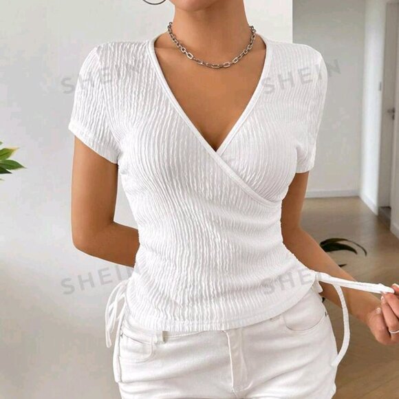 SHEIN EZwear Solid Color Wrap & Cinched Waist Shirt For Summer- XS - Picture 4 of 14